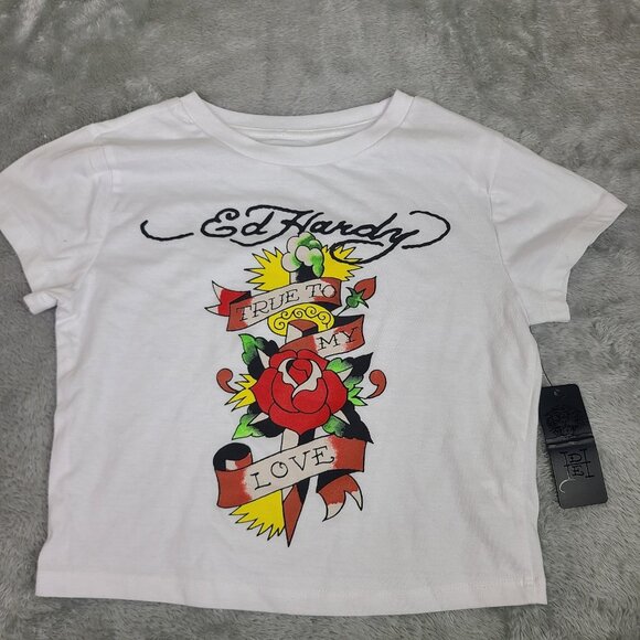 Ed Hardy T Shirt Kids Size Medium True to My Love Front Logo White - Picture 1 of 6